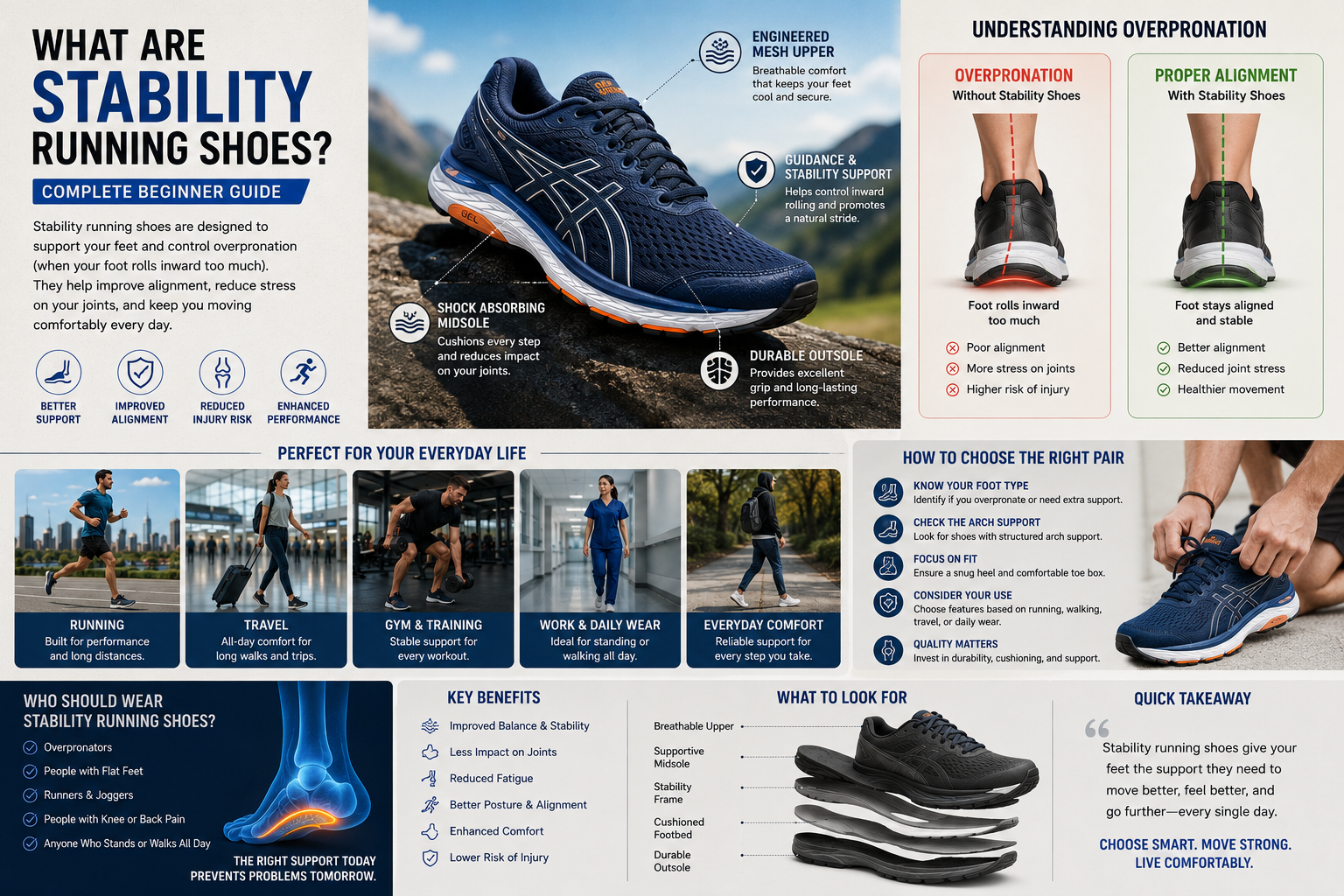 Stability sneakers with arch support for overpronation